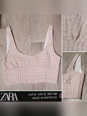 Zara Pink Tweed Textured Sleeveless Crop Corset Top, Women EUR S, US Small